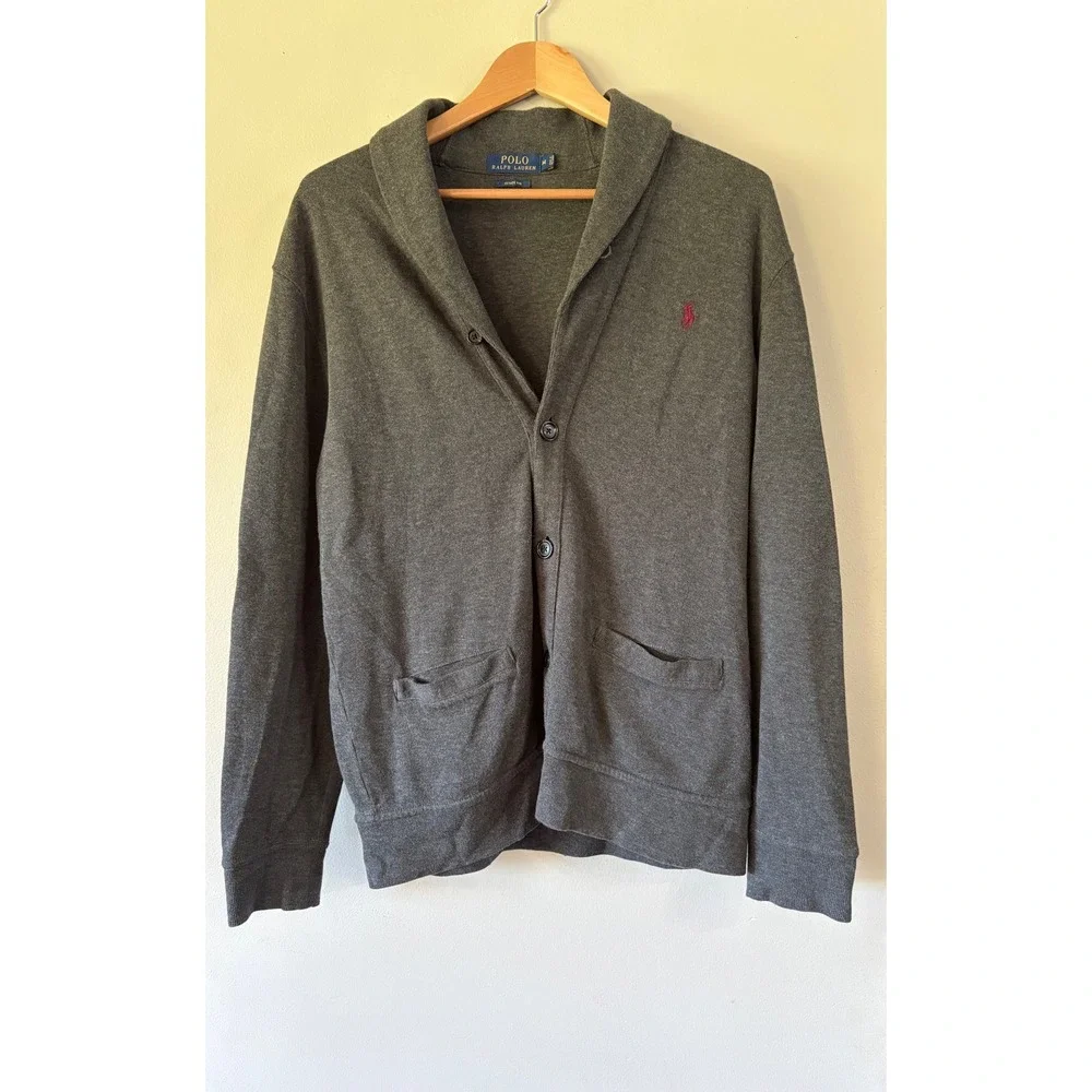 Polo Ralph Lauren Mens Estate Rib Cotton Shawl Collar Cardigan Gray Pony M